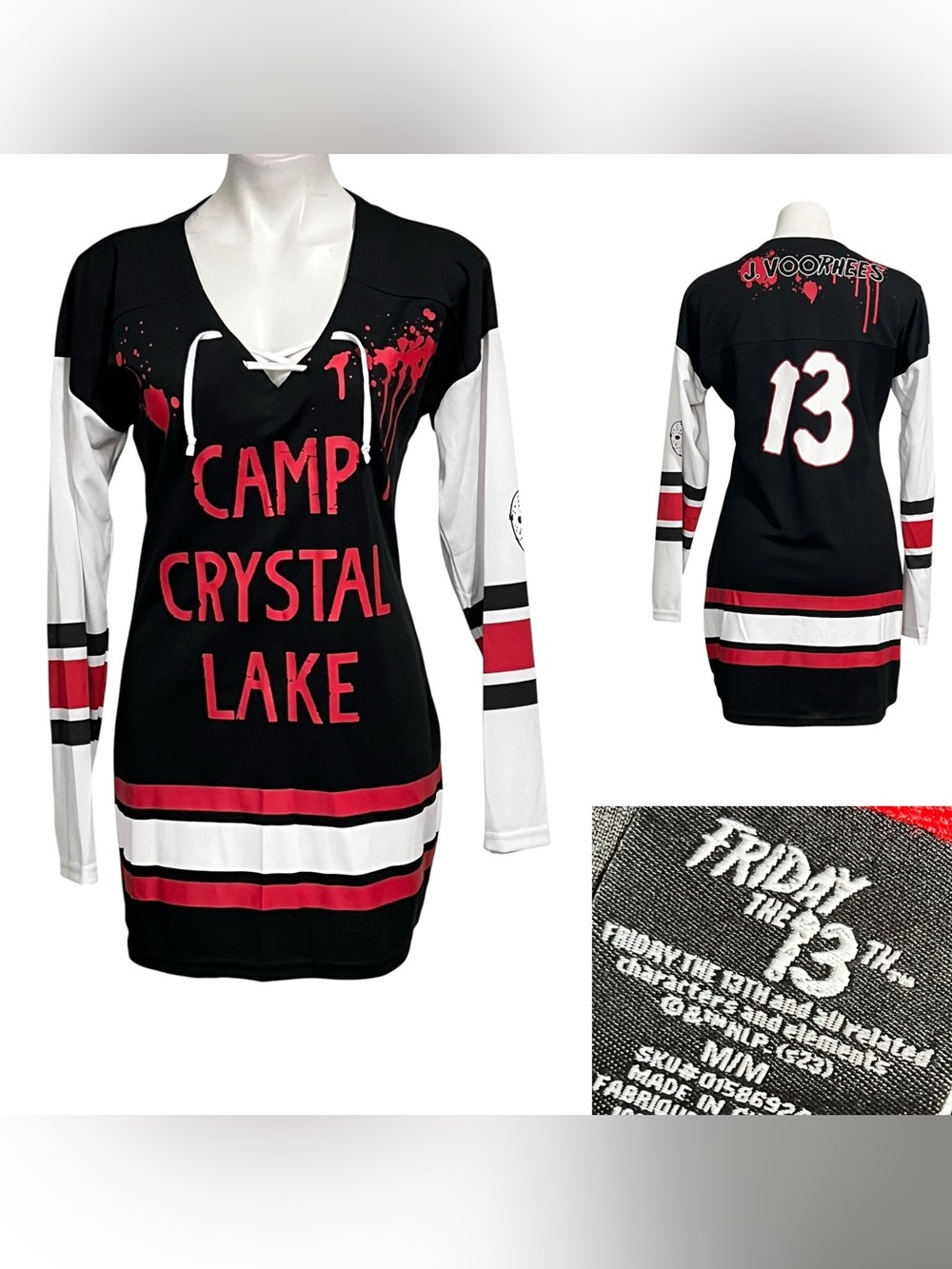Friday the 13th Camp Crystal Lake Hockey Jersey Dress Sz M Black/Red Halloween